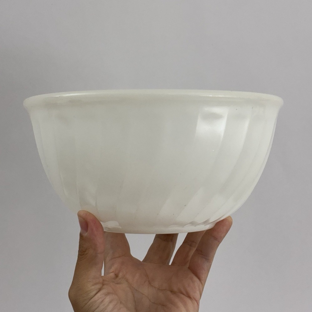 Vintage Fire King Oven Ware White Ribbed Swirl Milk Glass Mixing Bowl - 7 Inches